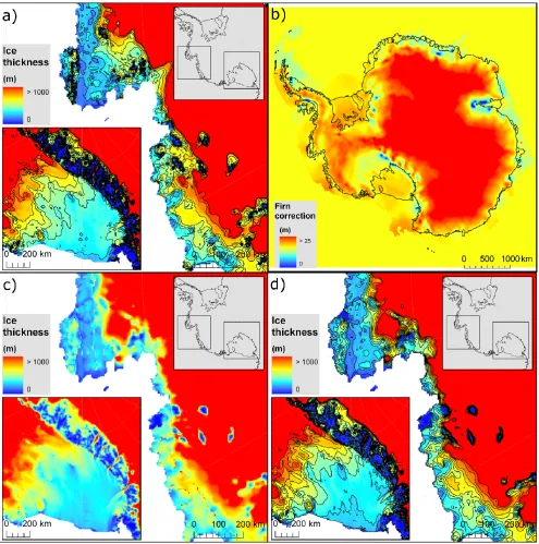 Figure 3. Ice thickness join: (a) original BEDMAP ice thickness, (b) ﬁrn correction used in calculating the ﬂoating ice thickness, (c)unsmoothed combined grounded and ﬂoating ice thickness and (d) smoothed combined grounded and ﬂoating ice thickness