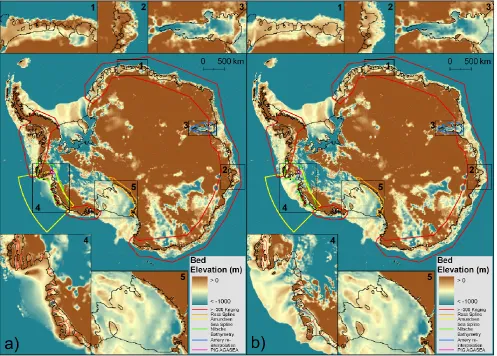 Figure 5. Bedimproved dataset. Insets show regions of interest described in the text: 1) and 2) General bathymetry, 3) Amery ice shelf, 4) Amundsen Sea/bathymetry, coloured lines indicate masks where data was replaced: (a) original BEDMAP bed and bathymetry and (b)region and 5) Ross Ice Shelf.
