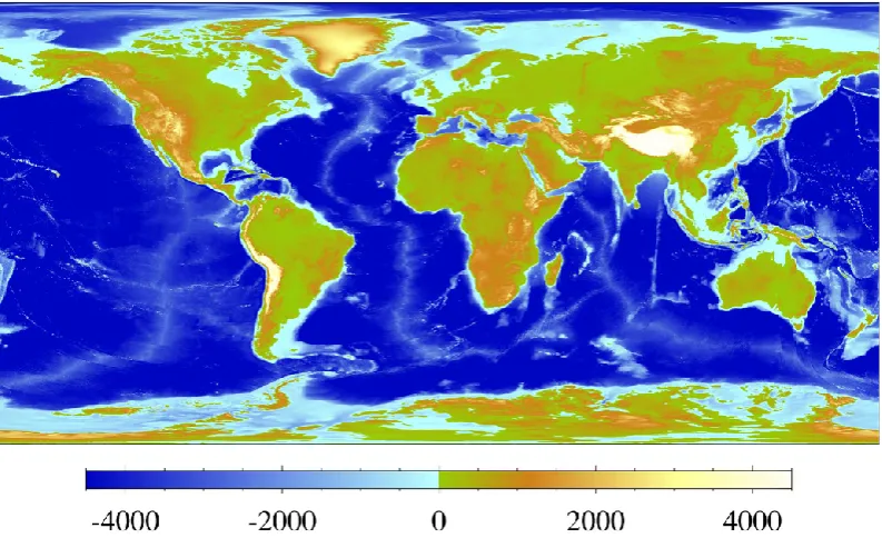 Figure 1. RTopo-1 global bedrock topography. On continents outside Antarctica, this represents the topography of the solid surface(including bottom of lakes, surface elevation of glaciers and continental ice caps) and mirrors the S-2004 data set.