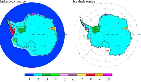 Figure 3. Data sources for ocean bathymetry (left) and ice sheet/shelf topography (right)