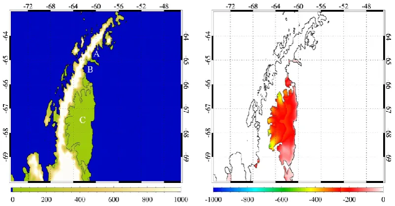 Figure 4. Surface elevation (left) and ice shelf draft (right) for the Antarctic Peninsula, including Larsen C ice shelf and the remnants ofLarsen B ice shelf