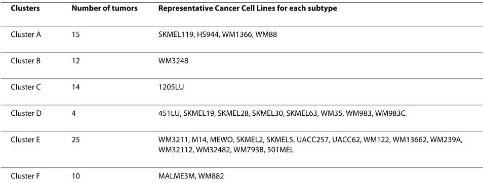 Table 5: Number of tumor patients in each of the six melanoma subtypes and the cell lines selected to represent each subtype.