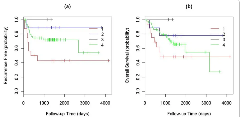 Figure 4 Kaplan-Meier curves of the TTR and OS between the validation samples assigned into the four clusters using all existing tumor and cell lines to represent the clusters: (a) TTR; and (b) OS.
