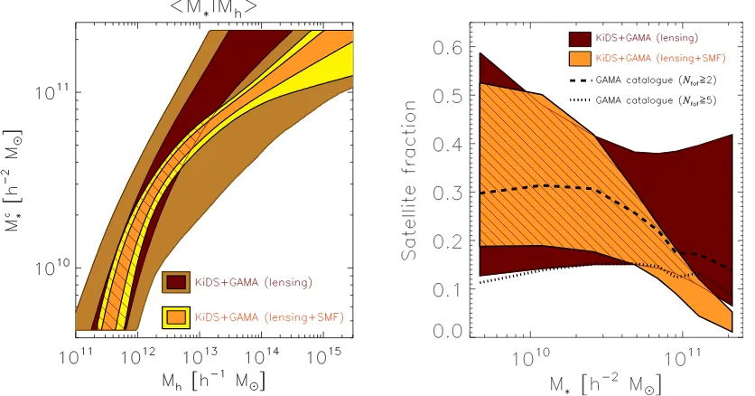 Figure 3. (Left) stellar-to-halo mass relation of central galaxies from KiDSregime). The contours are cut at the mean stellar mass of the ﬁrst and last stellar mass bin used in the lensing analysis, to ensure we only show the regimewhere the data constrain