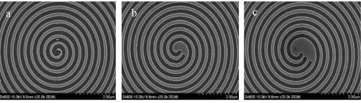 Figure 2. SEM micrographs of the centre of the (a) 1-arm spiral, (b) 2-arm spiral