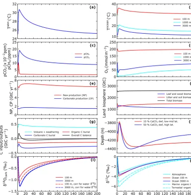 Figure 6. Results from a 200 000-year simulation with a methane input of 4000 GtC over a timescale of 3000 years and with half thethe LL ocean, LL marine organic carbon and terrestrial organic carbon (see text; the methane input hasinput dissolved in the o