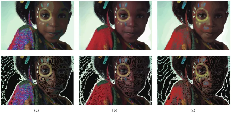 Figure 12: Color sets (ﬁrst row) and lines (second row) obtained on the image “Girl” for 64 levels.
