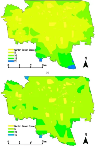 Figure 4. Distribution of garden green space accessibility by different transportation (unit: min)