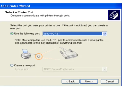 Figure 2.1: Select a Printer Port screen showing TROYPORT1: selected. 