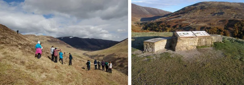 Fig. 4. (a) Students visit the 260m shoreline above the viewpoint car park, looking northwards up Glen Roy, while on the Royal Holloway University of London MSC Quaternary Science Field Training Course (Photo © C