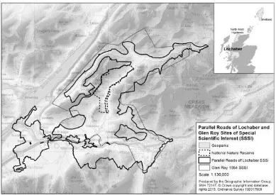 Fig. 3 . Changes in conservation designations showing the original Glen Roy SSSI designated in 1954 under the National Parks and Access to the Countryside Act (1949), the Glen Roy NNR declared in 1970 and the Parallel Roads of Lochaber SSSI designated in 1