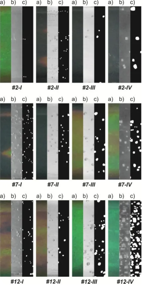 Fig. 4. Selected images for settings: #2, #7 and #12: colour image (a), real (b) and binarized (c) two-phase flow structure 