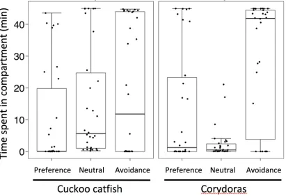 Fig. 2. Catfish behaviour towards brooding host female. Median time spent in each compartment (preference, neutral and avoidance zones), with interquartile range (box) and non-outlier range (whiskers)