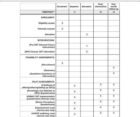Fig. 1 Figure for Standard Protocol Items (SPIRIT) for an interventional trial of a pre-CBT digital ‘informed choice’ psychoeducation interventionfor clinicians who work with psychosis and their psychosis service users (the U&I study): schedule of enrolment, interventions, and assessments
