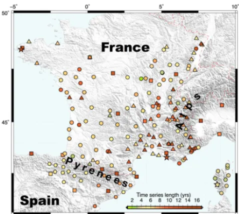Figure 1. Distribution of the permanent stations used in this study.Symbols denote network (cf