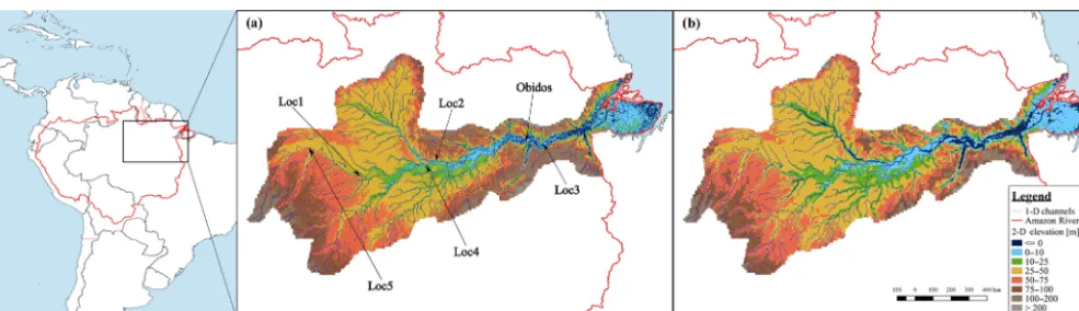 Figure 4. Digital elevation model and 1-D channel network as used in LFP (a) and DFM (b); discharge was benchmarked and validated atÓbidos while water levels were compared at three locations throughout the domain.