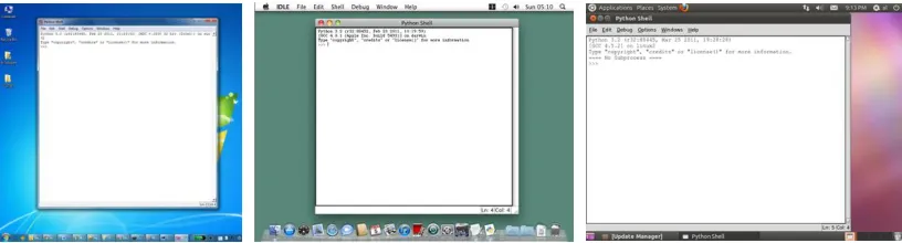 Figure 1-2: La consola interactiva del programa IDLE en Windows, OS X, y Ubuntu Linux