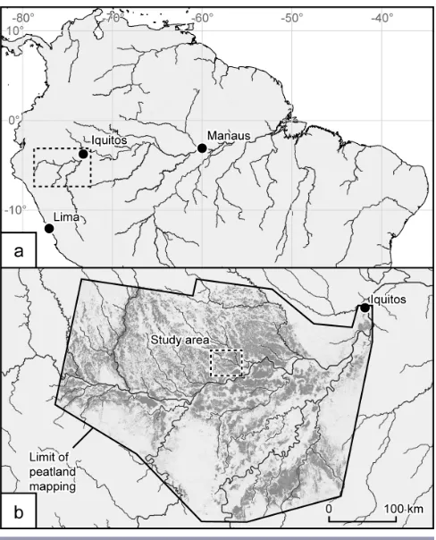 Fig. 1. (a) Location of the Pastaza-Marañón Basin in westernAmazonia (dashed box); (b) inset showing the Pastaza-Marañón Basin, with the modeled distribution of peatlandsfollowing Draper et al