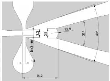 Fig. 3     Interaction cavity of the amplifier from Fig. 2. Behaviour depends mostly on the geometry of these details - where the channel cross-sections are smallest and hence the fluid flow velocity attains the highest values