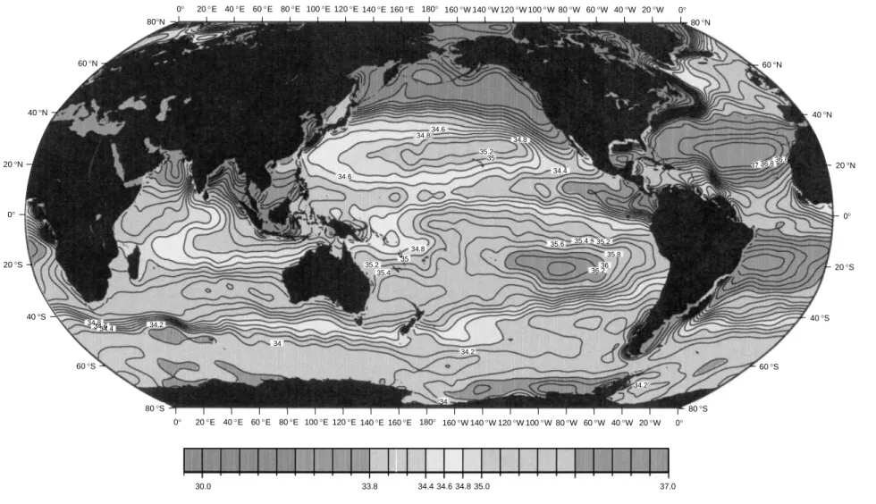 Figure 2 Surface salinity (g salt per kg of seawater), using annually averaged ship observations