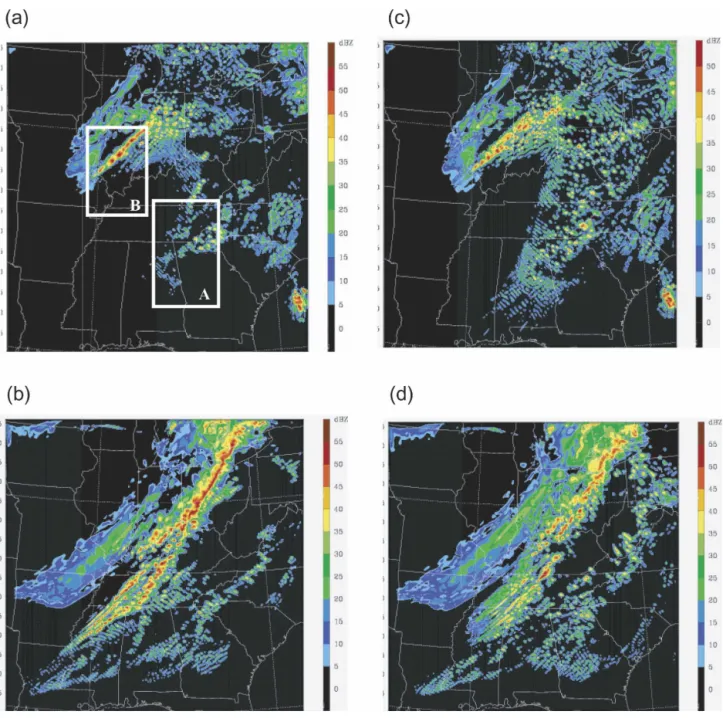 Figure 13b compared with Fig. 11b also shows that some characteristics, such as a double line of intense convection at 0000 UTC were captured to some extent in the YSU PBL simulation, while comparing Fig