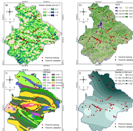 Figure 2. Flood-inﬂuencing factors:to river, (a) slope, (b) elevation, (c) curvature, (d) topographic wetness index, (e) stream power index, (f) distance (g) stream density, (h) normalized difference vegetation index, (i) lithology, and (j) rainfall.