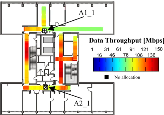 Fig. 6. Scenario C: Graphical representation of the in-building coverage with distributed paired antennas.