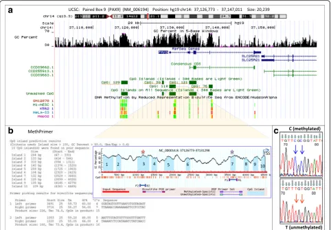 Fig. 1 Location of CpG islands studied formethylation microarrays were specific for CpG islands 121, 129, 39, and 76.sequencing for two CpG islands (3 and 7) located at PAX9 gene methylation