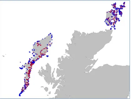 Figure 1.  5 km x 5 km onshore grid cells used in testing for the Western Isles and Orkney