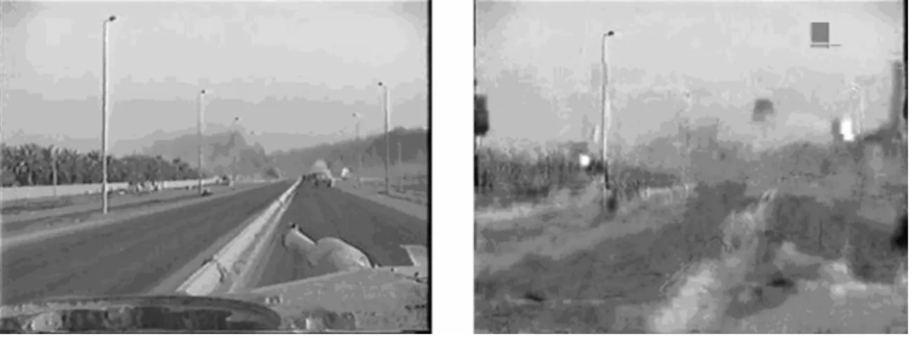 Figure 11: Snapshot of video at source (left) and video received at destination (right)  for the Static  Network in a Rural Environment with Interfering Network Traffic  