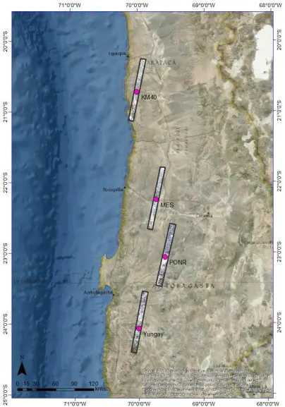 Figure 1: The Atacama Desert with the four sample locations marked in pink circles with the footprint of the relevant Hyperion images  overlain