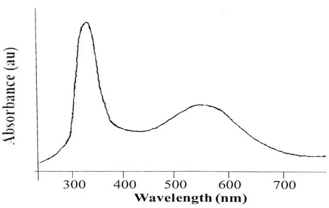 Fig. 3. UV-Vis spectrum of the PANI thin film prepared through pulsed plasma technique