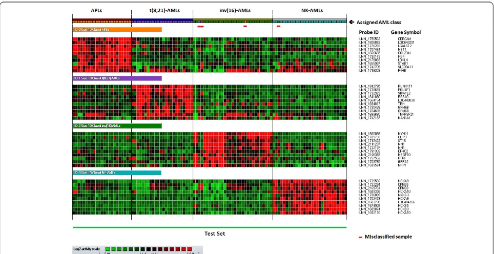 Figure 2 Results of the class assignment for the 107 AML Test Set samples fulfilling all quality control criteria based on the 10-markerclassifiers characterizing the APL, t(8;21)-AML, inv(16)-AML and NK-AML classes (all three AML cell lines run in duplica