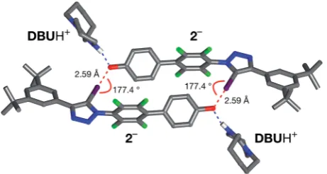 Fig. 7Solid state structure of the salt formed by reaction ofcode: C, grey; N, blue; O, red; F, green; I, purple