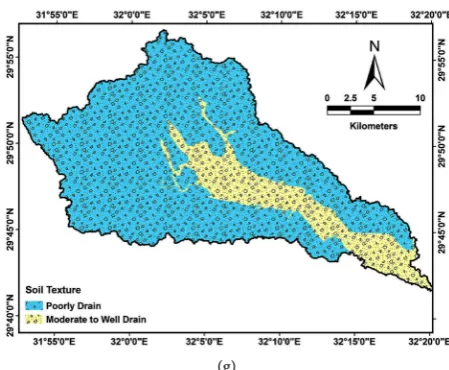 Figure 5. List of all data layers. (a) Elevation, (b) slope, (c) curvature, (d) geological units, (e) distance from streams, and (f) land-use, (g) soil texture