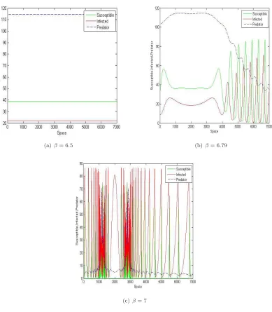Figure 6: Numerical solutions corresponding to the model system (2.3) exhibiting space series generated at time