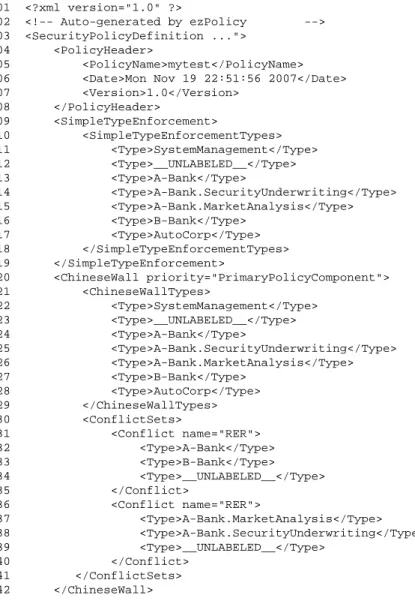 Figure 10.3: Example XML security policy file – Part I: Types and Rules Definition.