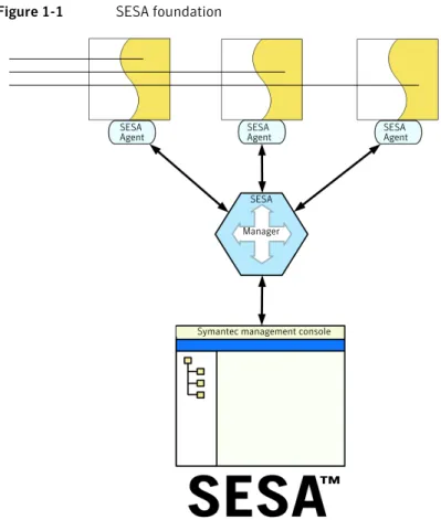 Figure 1-1 shows the basic relationships among the foundation that is provided  by SESA, the Symantec management console, and the security products that  SESA helps manage.