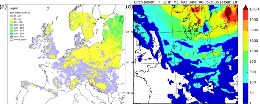 Figure 12. (a) Birch forest fraction map; (b) example of the simulated birch pollen concentration in the modelling domain on 6 May 2006 at18:00 UTC.