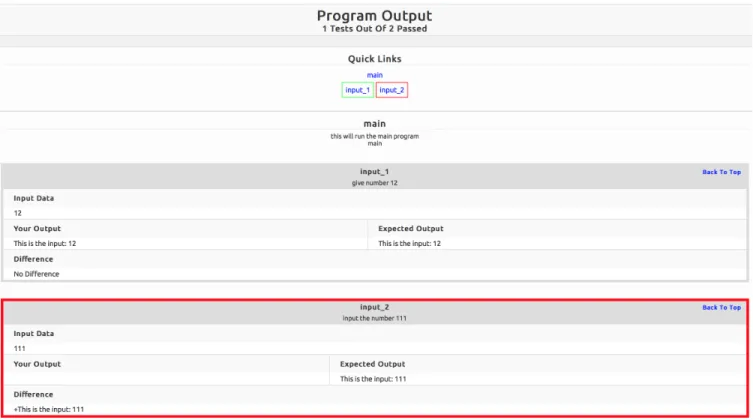 Figure 4: This shows the output view for running a program. The input data, output, expected output, and difference are shown