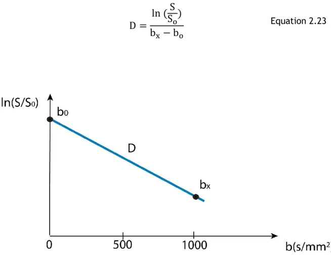 Figure 2.18: Mono-exponential signal decay curve of water signal in  diffusion MR. The natural  logarithm of the diffusion MR signal attenuation curve (ln (S/S 0 )) is shown against the b-value