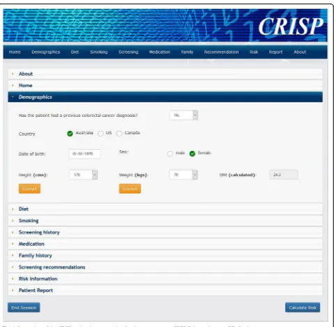 Fig. 1 Screenshot of the CRISP tool with an example of a data entry screen. CRISP Colorectal cancer RISk Prediction