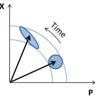 Figure 1.3: The initial coherent state (bottom right) travels through a medium with a Kerrnonlinearity.The higher amplitude parts of the coherent state experience a greater refractiveindex, and therefore those parts experience a greater phase shift
