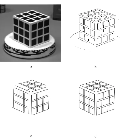 Figure 7: Camera parameter computation: (a) calibration cube (b) edges extracted (c) lines
