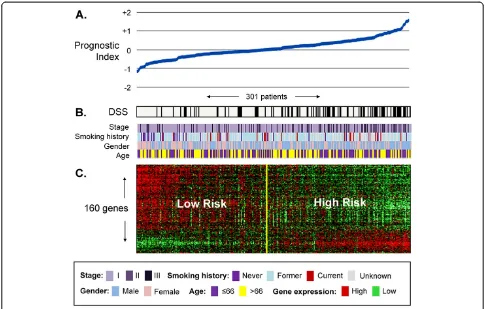 Figure 2 Association between the 160-gene prognostic signature, clinical and survival information in 301 untreated lungand are associated with an increase in DSS events, as indicated with a black line at (compute the prognostic index (red = relative high e