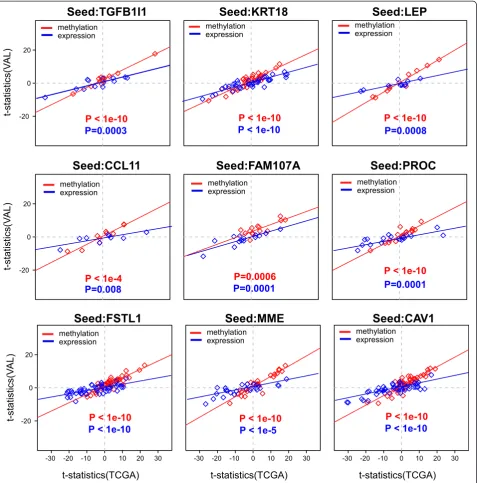 Fig. 2 Validation of FEM module gene t-statistics. For each FEM module, a scatterplot of t-statistics of differential DNAm (red) and mRNAexpression (blue) in discovery TCGA set (x-axis) against the corresponding statistics in the validation set (y-axis)