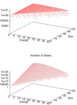 Fig. 7. Interacting Self-Avoiding Walks with up to 50 steps generated with ﬂatPERM. The upper ﬁgure showsthat a roughly constant number of samples is obtained across the whole range of sizes and energies, and the lowerﬁgure shows the estimated number of states for a given Size n and Energy m.