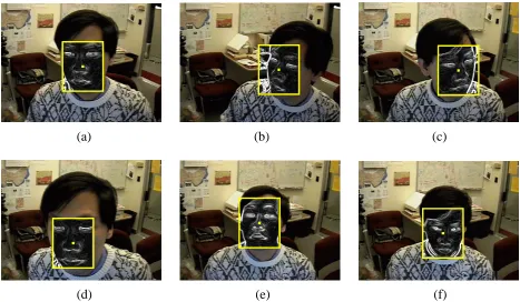 Figure 5: Face tracking results: (a) Reference face; (b) Face turned to the left of camera; (c) Faceturned to the right of camera; (d) Face moved closer to the camera; (e) Face turned upwards; (f)Face turned downwards