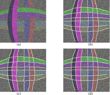 Figure 2: Synthetic image with image gaussian noise with standard deviation of 100 intensity lev-els: (a) Original image, (b) Manually drawn lines, (c) After applying conventional snake algorithm,(d) After applying radial distortion snake algorithm.