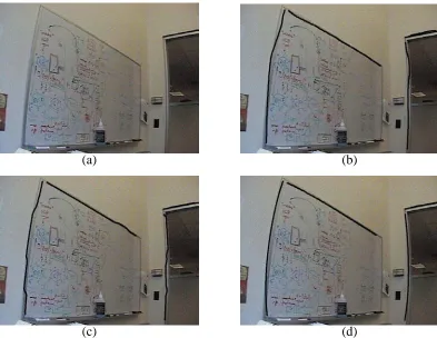Figure 10: Snake failure example: (a) Original image, (b) Initial snake conﬁguration, and ﬁnalsnake conﬁguration for (c) Conventional snakes, (d) Radial distortion snakes
